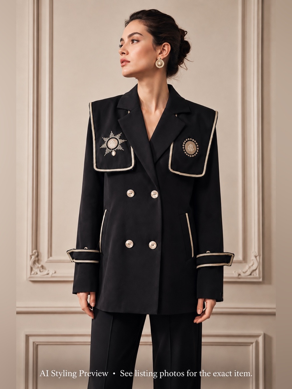 Sandro ASW Cuban Fit Navy Military Embroidered Blazer Jacket US M